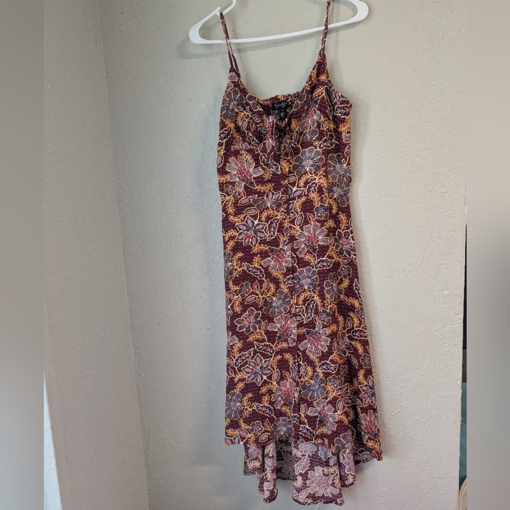 Tie Front High Low Dress M Burgundy Adjustable Whimsy Floral Festival Forest
